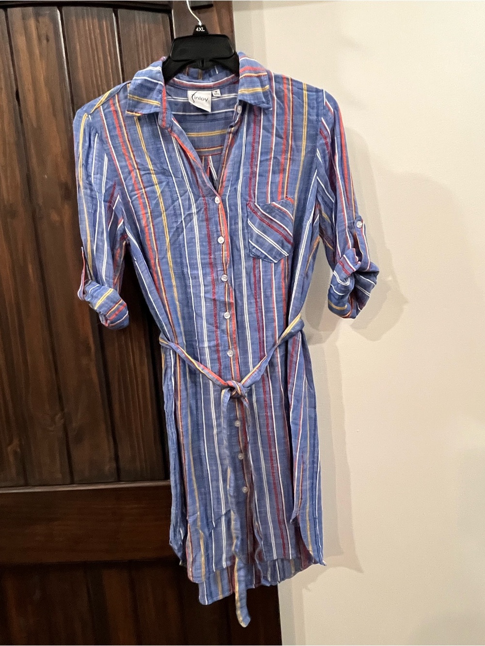 Finley Women’s Small Striped Linen Blend Shirt Dress Blue Belted Made in USA